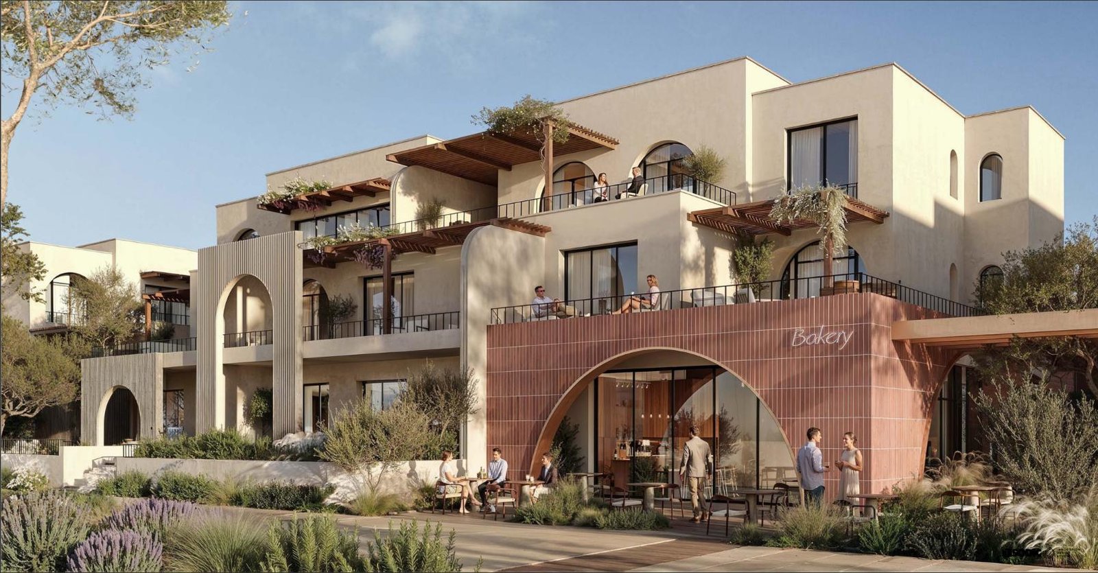 Aerial slider view of Botanica Town Ogami highlighting pedestrian pathways, green courtyards, and premium residential clusters along Egypt’s North Coast.